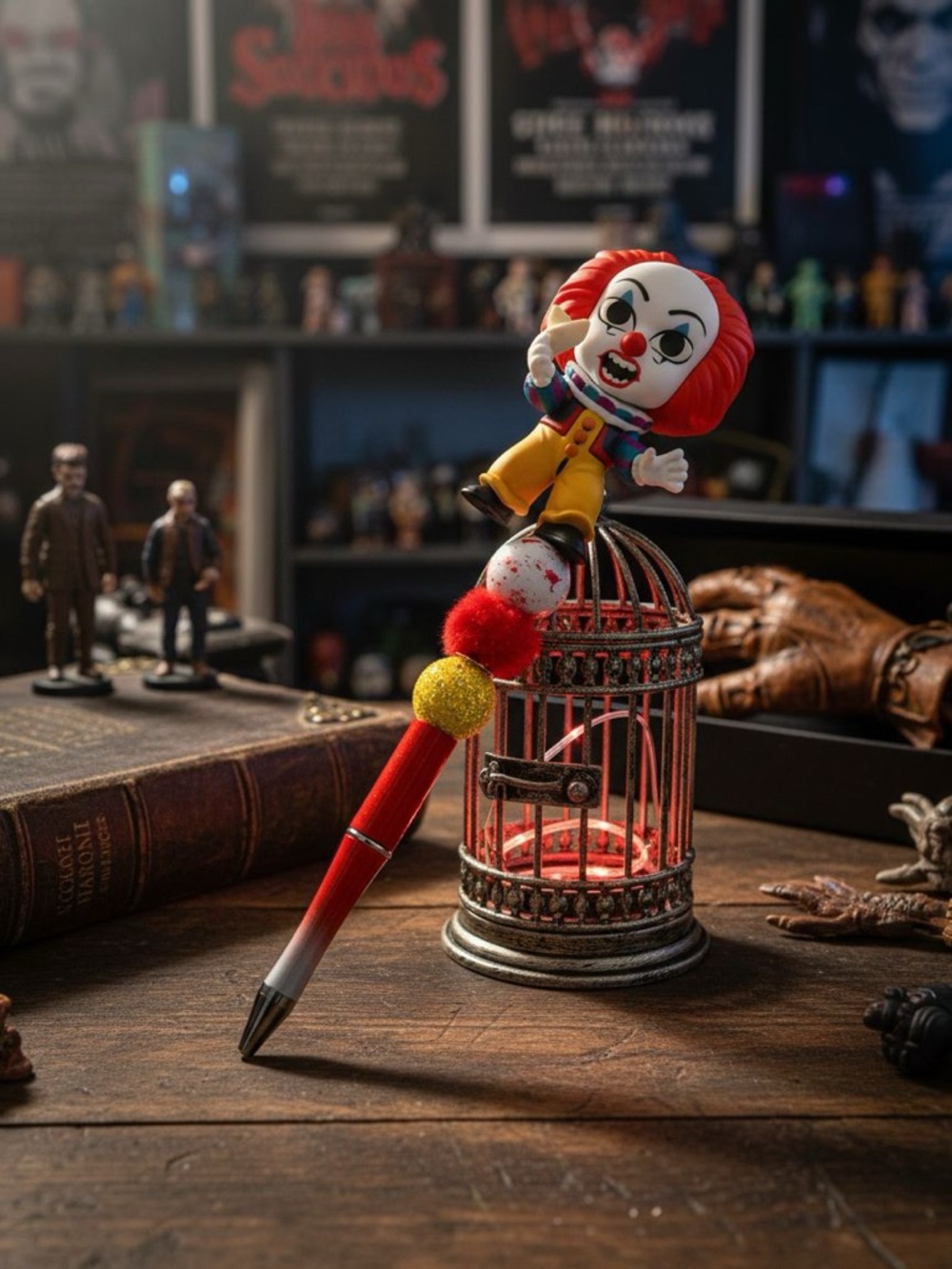 Novelty Clown Pom-Pom Pen in Red and Yellow pennywise ~ IT